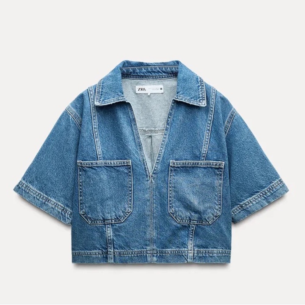 Zara Blue Cropped Denim Shirt Jacket